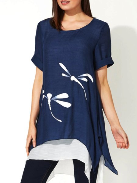 

Crew Neck Linen Casual Holiday Top, Purplish blue, Blouses and Shirts