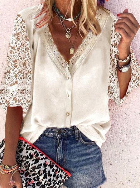

Scollo a V Cotone 3/4 Manica Dritto Top, Bianco, Blouses & Shirts