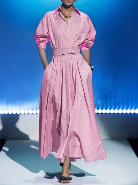 

A-Line Stripes Elegant Long Sleeve Maxi Dress, Pink, Maxi Dresses