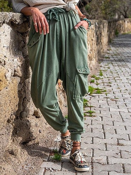 

Casuale Tasche Solido Pantaloni, Verde, Bottoms