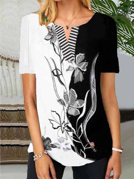 

Casuale Scollo a V Floreale Stampato Floreale Top, Bianco-nero, Blouses & Shirts