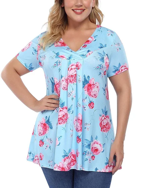 

Women Plus Size L- Pleated Henley Tops Floral V-Neck Loose Blouse Casual Tunic Blouse, Blue, Shirts & Blouses