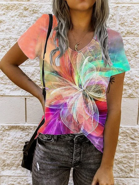 

Scollo a U Maniche Corte Vacanza Stampato Top, Multicolore, Tops