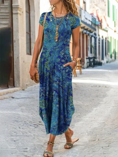 

JFN Round Neck Paisley Ombre Vacation Maxi Dress, Blue, Casual Dresses