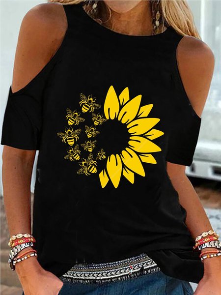 

Casuale Girocollo Maniche Corte Stampato Top, Nero, Tops