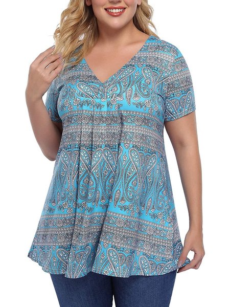 

Women Plus Size L- Pleated Henley Tops V-Neck Loose Blouse Casual Tunic Shirt, Blue, T-Shirts