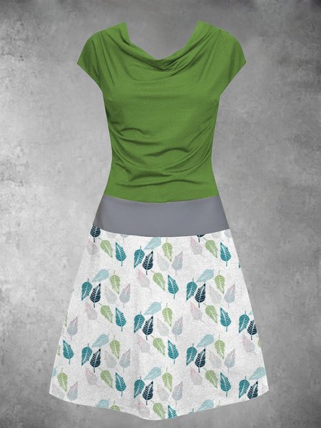 Estate Tempo libero Vacanza pianta Disegno Foglia Stampa Maniche Corte Girocollo Abito, Verde, Dresses