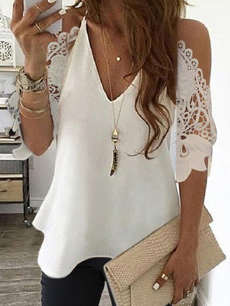 

JFN V Neck Cold Shoulders Lace T-Shirt/Tee, White, Shirts & Blouses