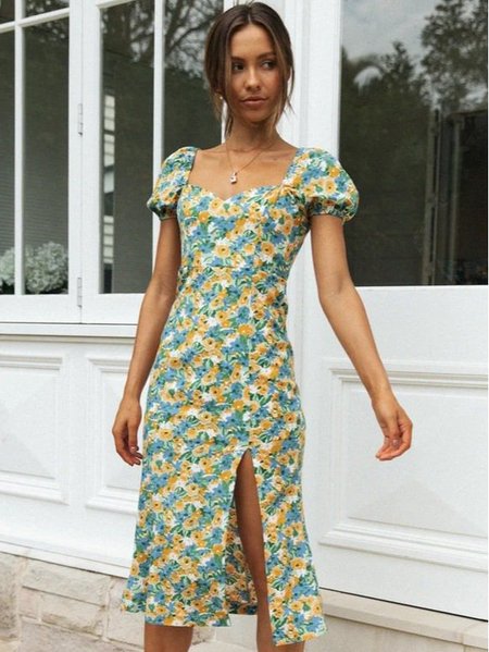 Cotone Floreale Casuale Maniche Corte Abito, Come immagine, Dresses