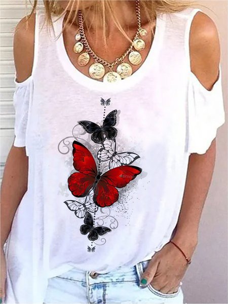

Casuale Girocollo Maniche Corte Stampato Top, Bianco, Tops