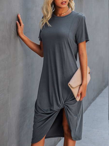 Crew Neck Short Sleeve Shift Casual Dress, Deep gray, Midi Dresses