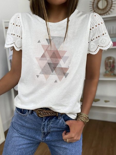 

Misto Cotone Stampato Statement Geometrico Top, Bianco, Tops