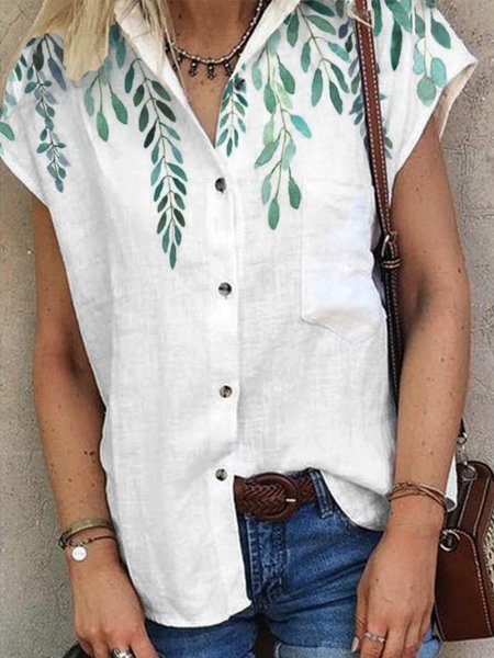 

Ricorrere Colletto a Camicia Piante Maniche Corte Camicie & Top, Bianco, Blouses & Shirts