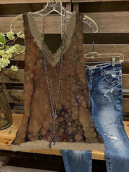 

Plus Size Casual V Neck Sleeveless Cotton-Blend Tops, Multicolor, Tank Top