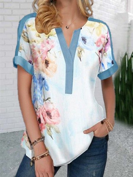 

Floreale Maniche Corte Stampato Misto Cotone Scollo a V Elegante Estate Blu Superiore, Tops