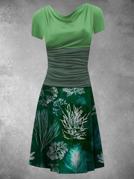 

Estate Tempo libero Cuciture pianta Stampare Una gonna Maniche Corte Ricorrere Abito, Verde, Casual Dresses