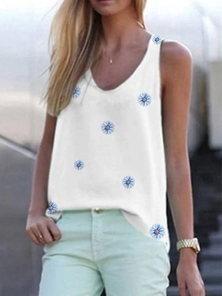 

senza maniche Stampato Floreale Casuale Top, Bianco, Tops