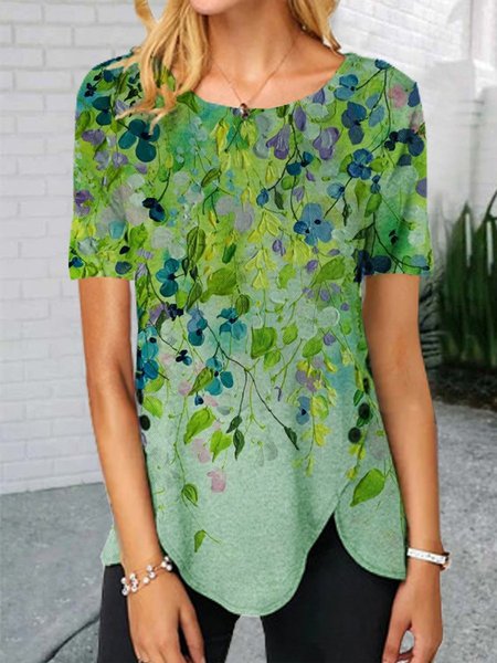 

Piante Maniche Corte Stampato Misto Cotone Girocollo Vacanza Estate verde Superiore, Blouses & Shirts