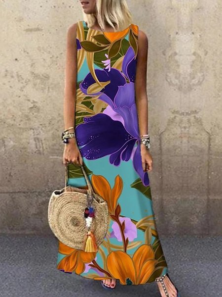 

senza maniche Stampato Casuale Floreale Abito, Multicolore, Dresses