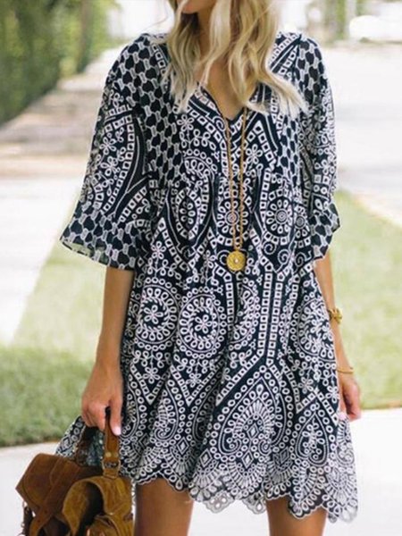 

Scollo a V Dritto Mezza Manica Floreale Abito, Nero, Dresses