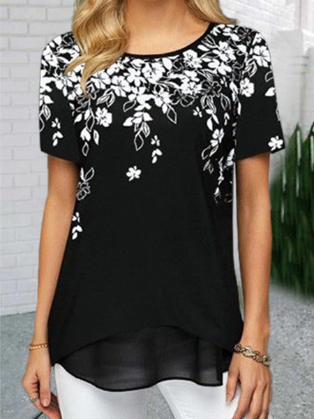 

Floreale Maniche Corte Stampato Misto Cotone Girocollo Elegante Estate Nero Superiore, Blouses & Shirts