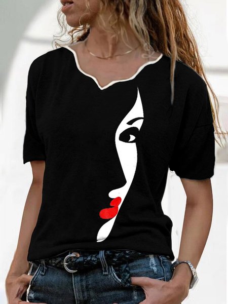 

Astratto Arte Dritto Scollo a V Misto Cotone Casuale Camicie & Top, Nero, Tops