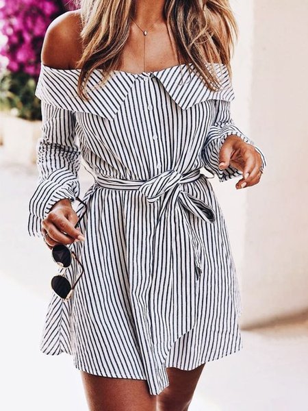 

Long Sleeve Cold Shoulder Stripes Dress, As picture, Mini Dresses