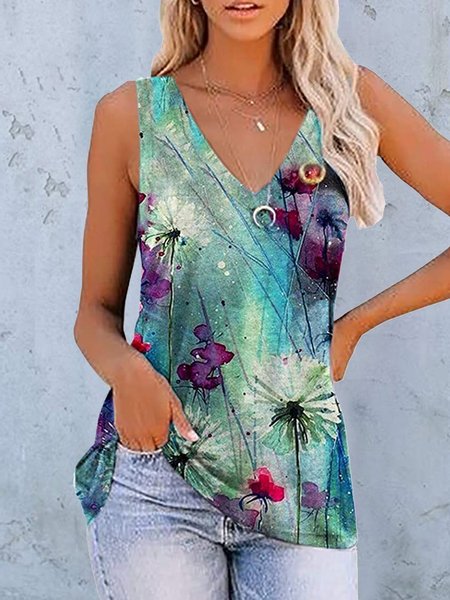 

Casual Floral-Print Floral V Neck T-shirt, Blue, Tops