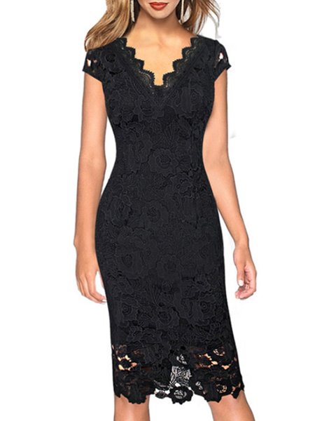 

Abito Maniche Corte Signora Scollo a V Aderente, Nero, Dresses