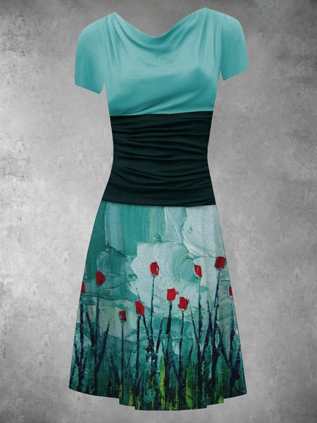

Summer Leisure Vacation Spot Color Stitching Resort Floral Paneled Short Sleeve Knitting Dress, Green, Floral Dresses