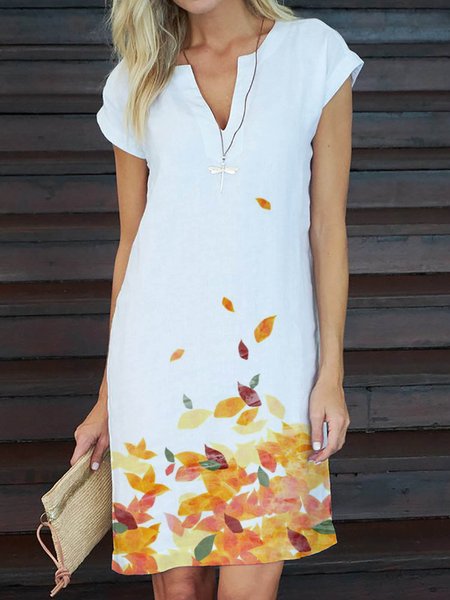 

Summer Leisure Vacation Plant Pattern Leaf Print Casual Floral-Print Short Sleeve Weaving Dress, White, Casual Dresses