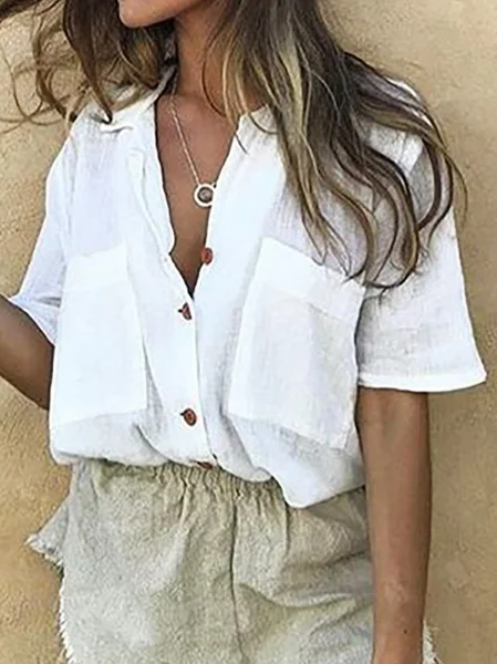 

Casuale Misto Cotone Maniche Corte Dritto Camicie & Top, Bianco, Blouses & Shirts
