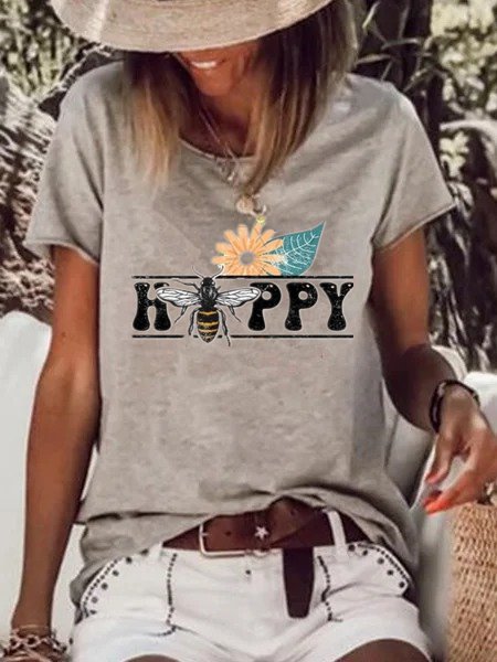 

Vintage Maniche Corte Ape Contento Stampata Floreale Girocollo Casuale Camicie & Top, Grigio, Blouses & Shirts