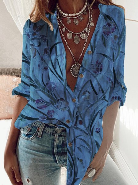 

Stampato Casuale Maniche Lunghe Camicie & Top, Blu, Tops