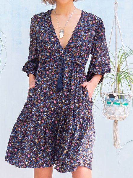 

Floreale Scollo a V Mezza Manica Abito, Navy blu, Dresses
