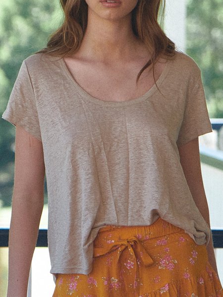 

Solid U-Neck Short Sleeve Casual T-Shirts, Khaki, T-Shirts