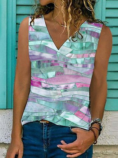 

Geometrico senza maniche Stampato Misto Cotone Scollo a V Vintage Estate verde Superiore, Tops