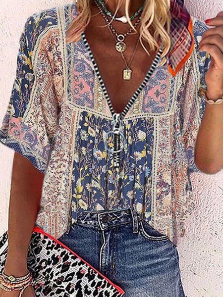 

Vintage Maniche Corte Scollo a V Geometrico Stampata Floreale taglia grande Casuale Top, Multicolore, Blouses & Shirts
