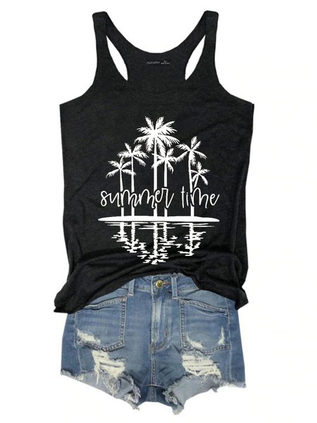 

Summer Time Hawaiian Style Coconut Tree Graphic Tank Top, Black, Tank Tops