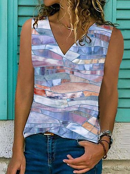 

Geometric Sleeveless Printed Cotton-blend V neck Vintage Summer Blue Top, Tank Top