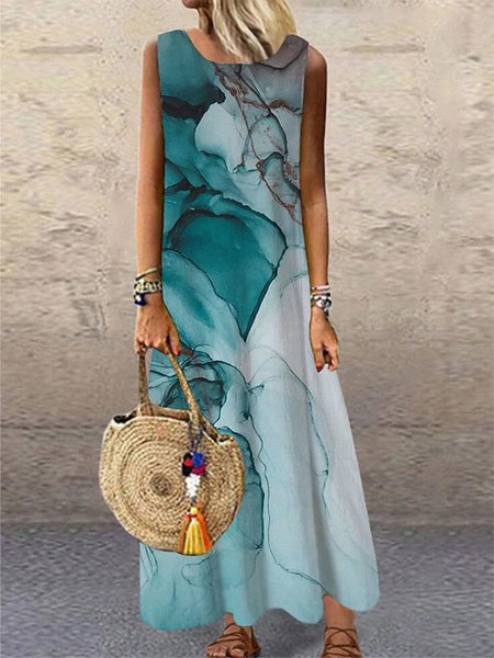 Abito Mare Stampato Floreale Girocollo Vacanza, Blu, Maxi Dresses