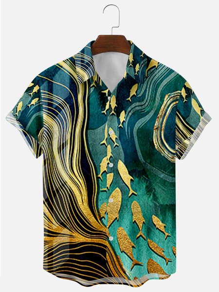 

Mens Sea Wave Fish Print Lapel Casual Loose Short Sleeve Hawaiian Shirt, Navy blue, Men's shirts