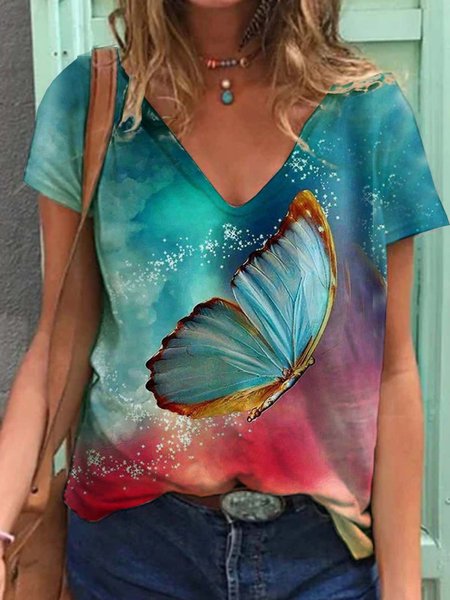 

Ombre/Tintura a nodi Farfalla Maniche Corte Stampato Misto Cotone Scollo a V Casuale Estate Blu Superiore, Tops