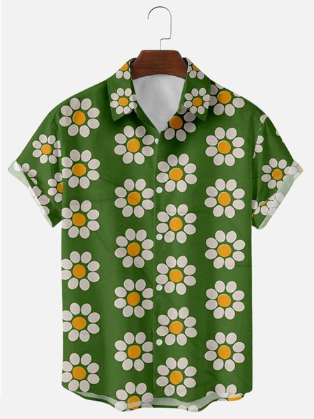 

Mens Sunflower Print Lapel Casual Loose Short Sleeve Hawaiian Shirt, Green, Shirts