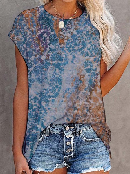 

Paisley Maniche Corte Stampato Misto Cotone Girocollo Vacanza Ricorrere Estate Blu Superiore, Tops