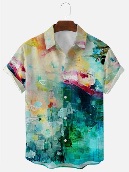 

Mens Oil Painting Print Lapel Casual Loose Short Sleeve Hawaiian Shirt, Green, Men's shirts