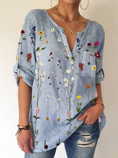 

Long Sleeve V Neck Pockets Blouse, Blue, Blouses & Shirts