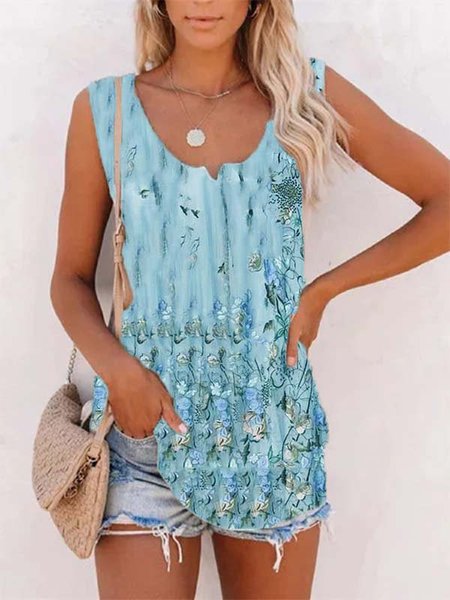 

Stampato Floreale Scollo a V senza maniche Casuale Top, Blu, Tops