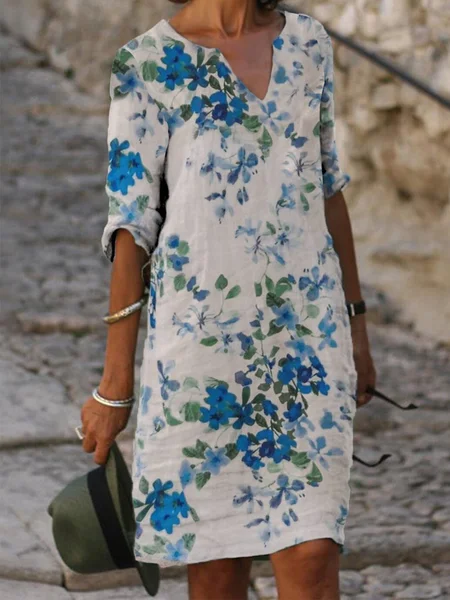 

Abito Mezza Manica Vacanza Dritto Misto Cotone, Bianco, Linen & Cotton Dresses