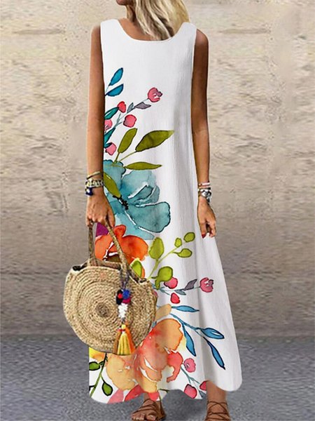 Abito Stampato Floreale Ricorrere, Bianco, Maxi Dresses